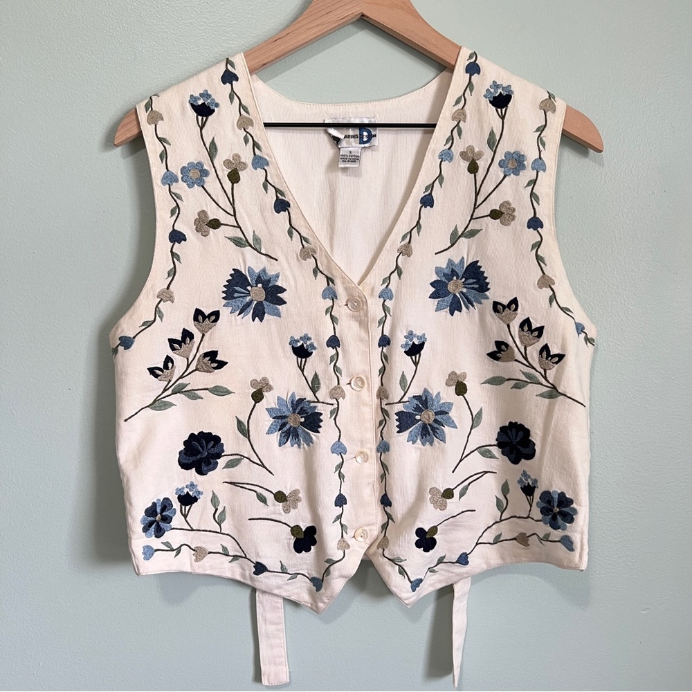 Vintage 90s Rare Boho Floral Embroidered Vest, Womens Size S, Blue Cream Green